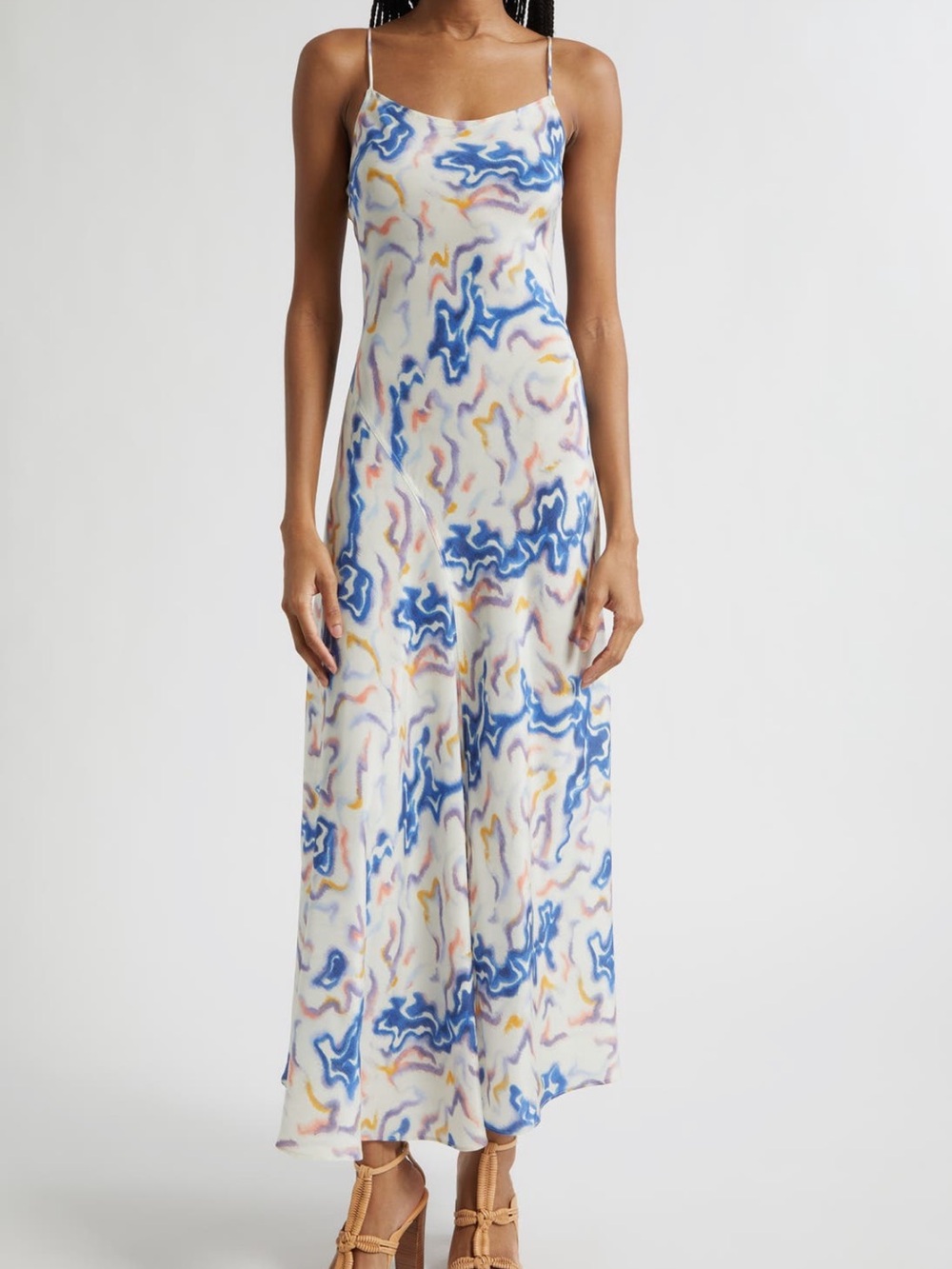 Ulla Johnson Thais Bias Ikat Wave Print Silk Crepe de Chine Dress